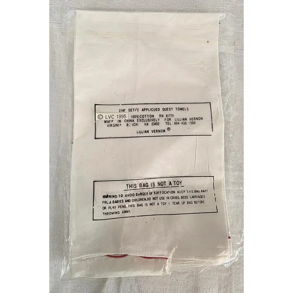 Vtg Set/2 Lillian Vernon 100% Cotton Appliqued Christmas Guest Hand Towels NOS